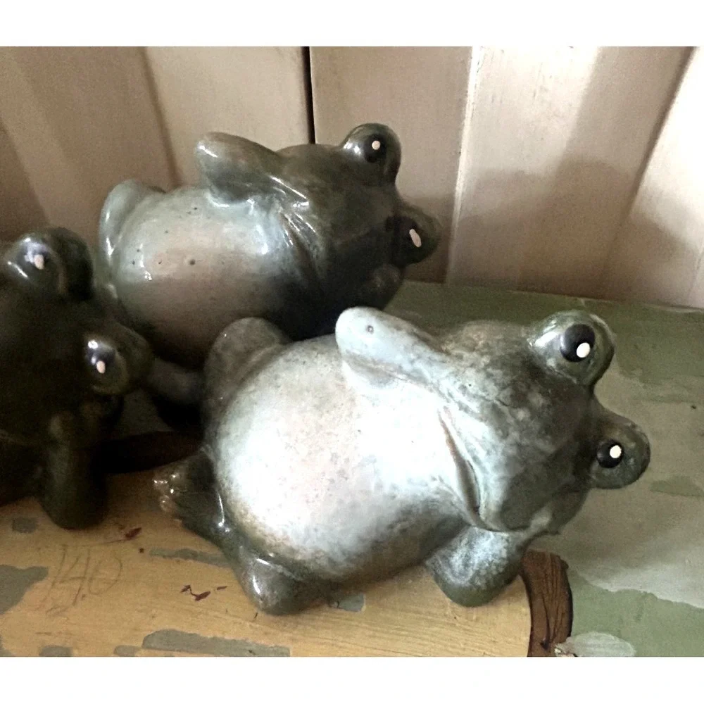 Lot of 7 Frog Figurines Ceramic Moss Flocked Garden Decor Cottagecore